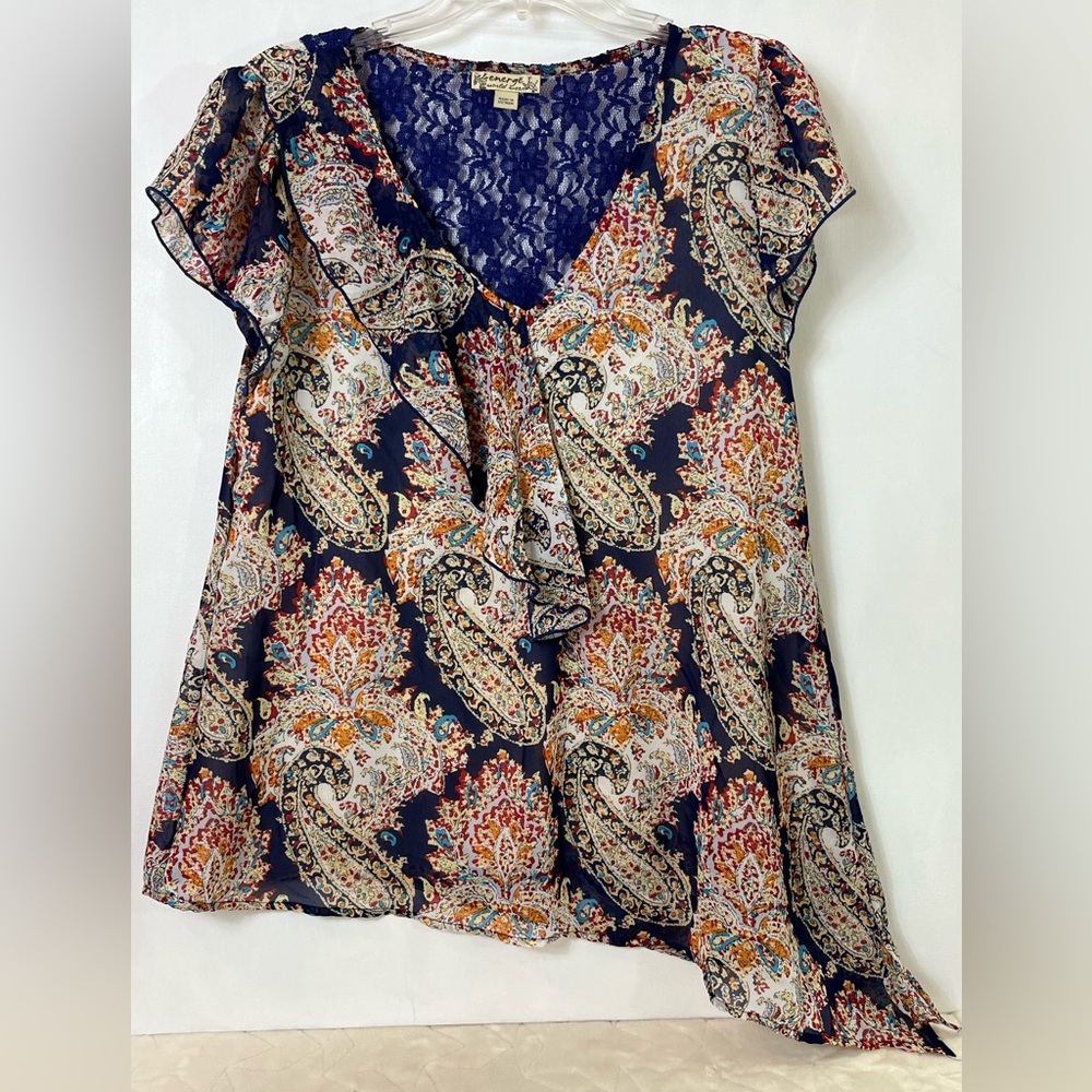 Energe World Wear Women’s Tunic Blouse Blue Lace V-neck Lined Size L